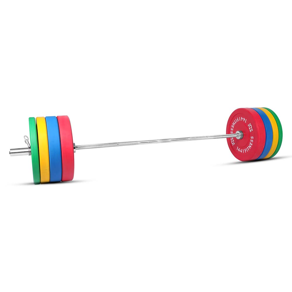 Combo 7 Ft Olympic Barbell And Color Bumper Plate Set - 160 KG | 1441 Fitness - Athletix.ae