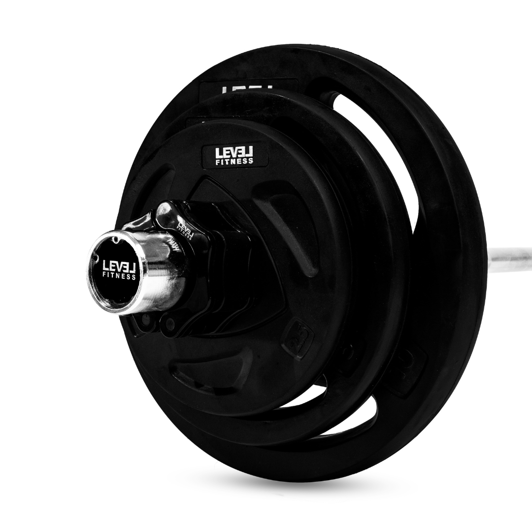 Combo | Level Fitness 7 ft Olympic Barbell with Tri Grip Olympic Plates Set | 160 Kg Set