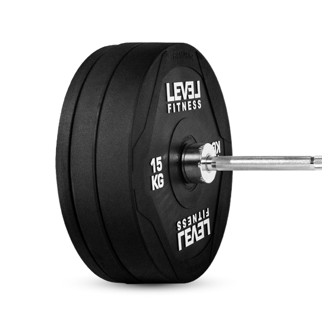 Combo | Level Fitness 7 ft Olympic Barbell with PU Black Olympic Plates Set | 60 Kg Set