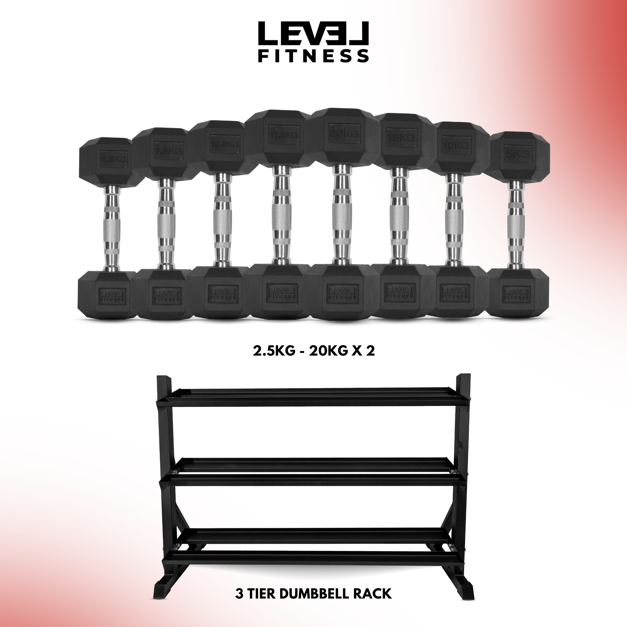 Level Fitness 2.5Kg to 20Kg Dumbbell Sets with 3 Tier Dumbbells Rack | 8 Pairs of Dumbbells