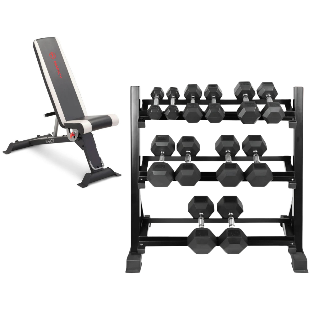 Level Fitness 2.5Kg to 15Kg Dumbbell Sets with 3 Tier Dumbbells Rack | 6 Pairs of Dumbbells Combo Set With Bench