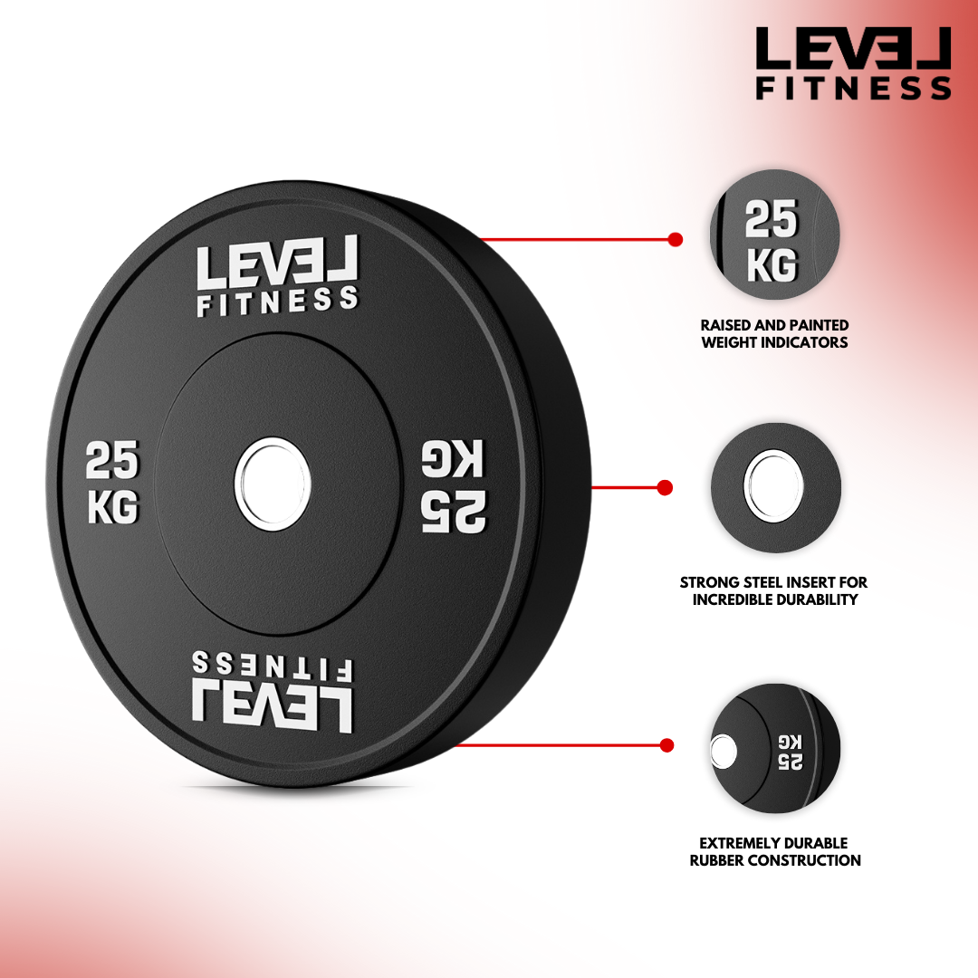 Level Fitness Black Rubber Olympic Bumper Plates - 5 to 25 KG | Per Piece