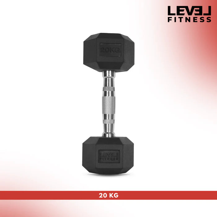 Level Fitness 1Kg -25Kg Rubber Hex Dumbbells in Kilogram | Sold In Pairs (2 pcs) | Tough & Durable | Chrome Plated Economical Handle