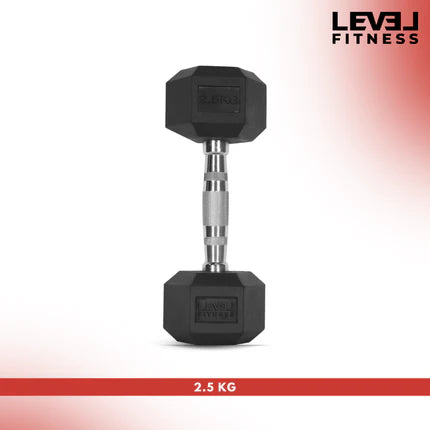 Level Fitness 1Kg -25Kg Rubber Hex Dumbbells in Kilogram | Sold In Pairs (2 pcs) | Tough & Durable | Chrome Plated Economical Handle