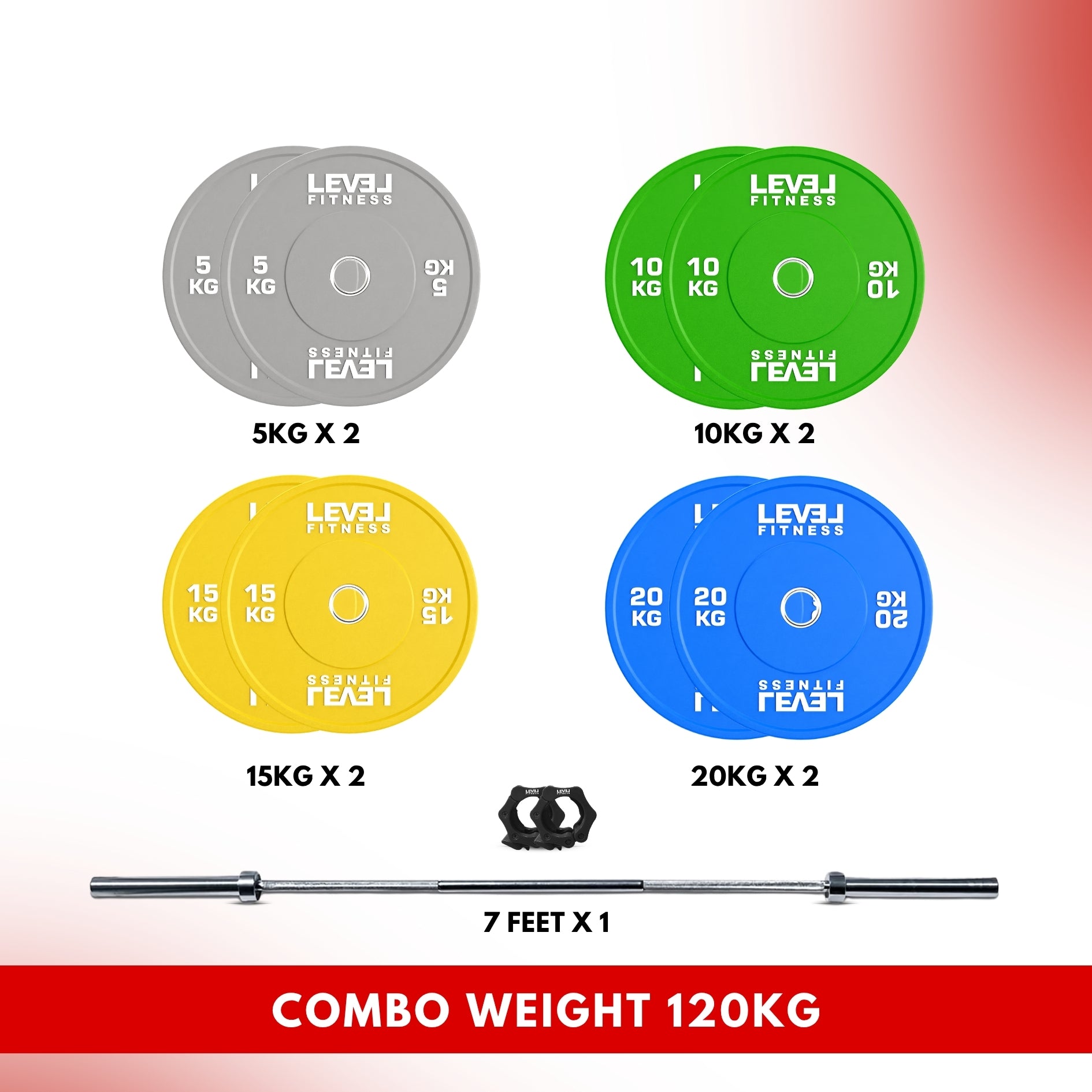 Combo 60Kg - 160Kg Sets | Level Fitness Color Olympic Plates with 7 ft Olympic Barbell 120 KG