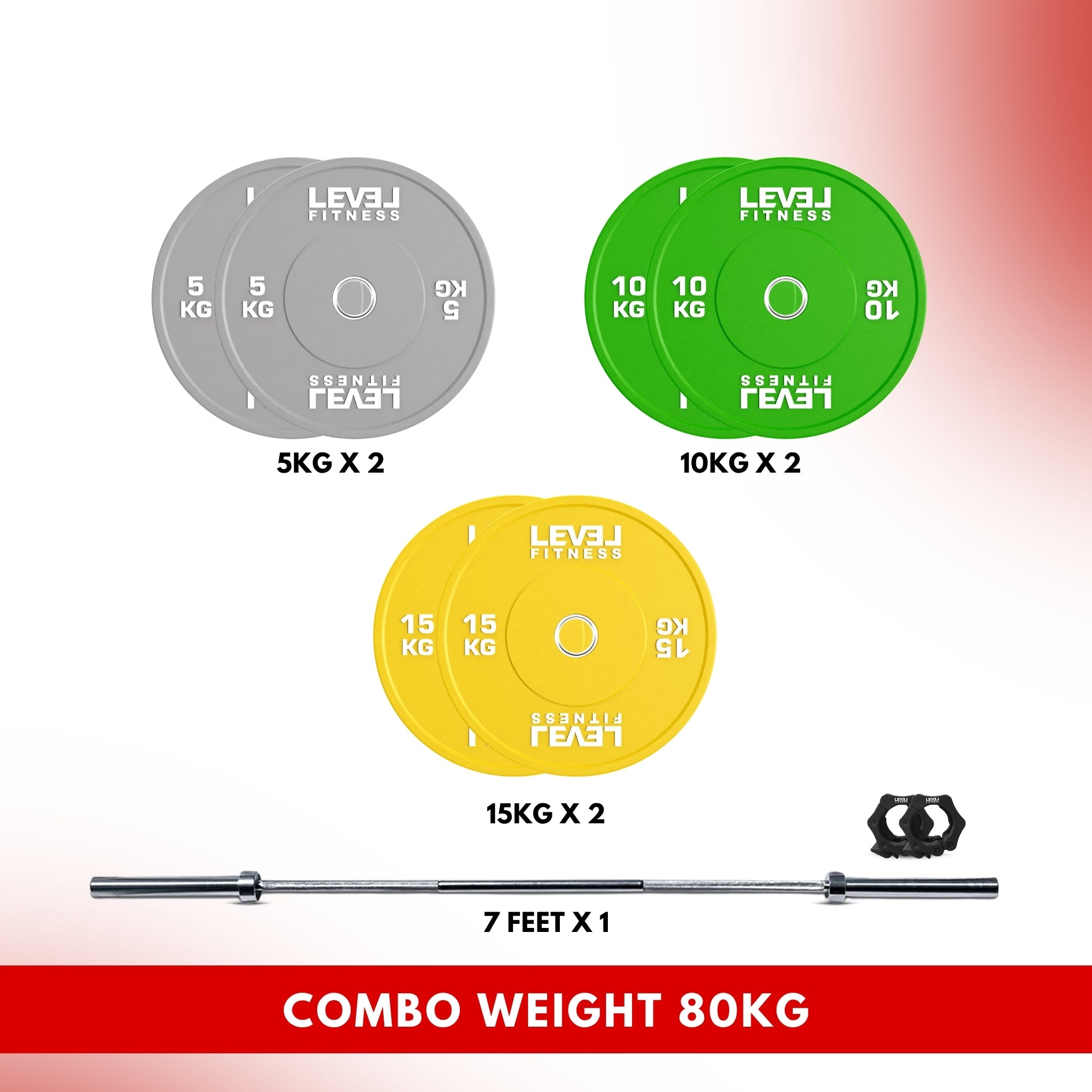 Combo 60Kg - 160Kg Sets | Level Fitness Color Olympic Plates with 7 ft Olympic Barbell 80 KG