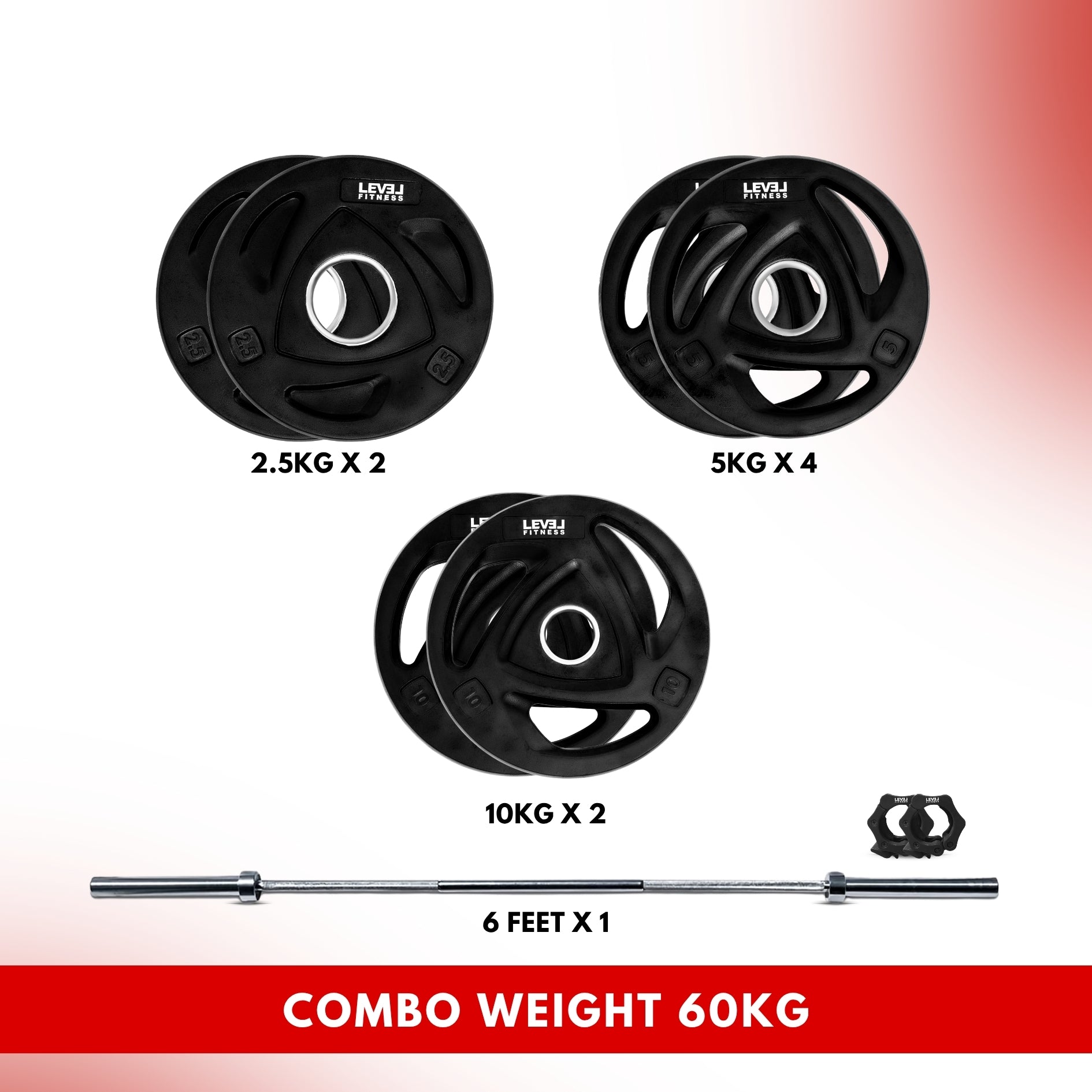 Combo 60KG - 160KG Sets | Level Fitness Tri Grip Olympic Plates with Olympic Barbell 60 KG