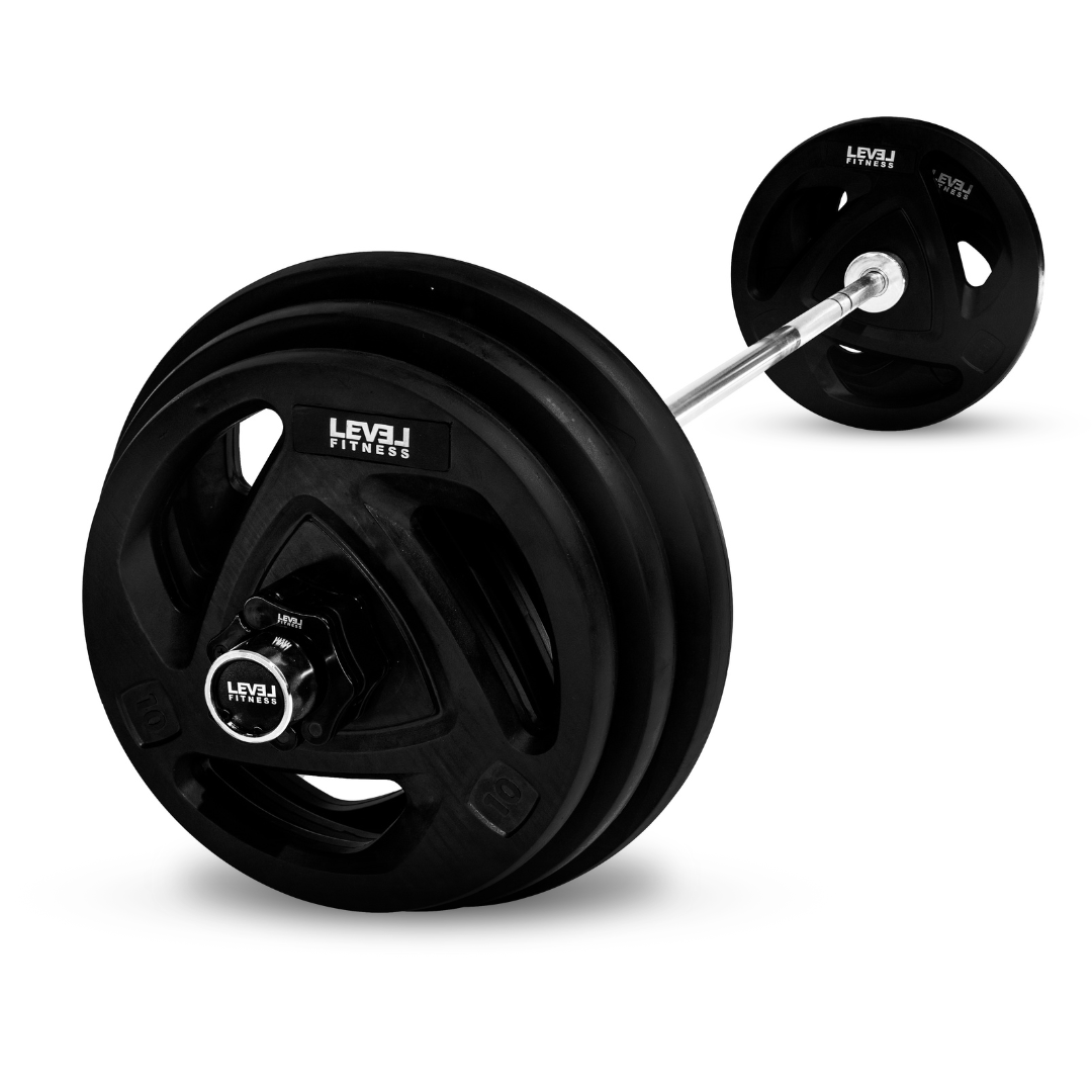 Combo | Level Fitness 7 ft Olympic Barbell with Tri Grip Olympic Plates Set | 160 Kg Set