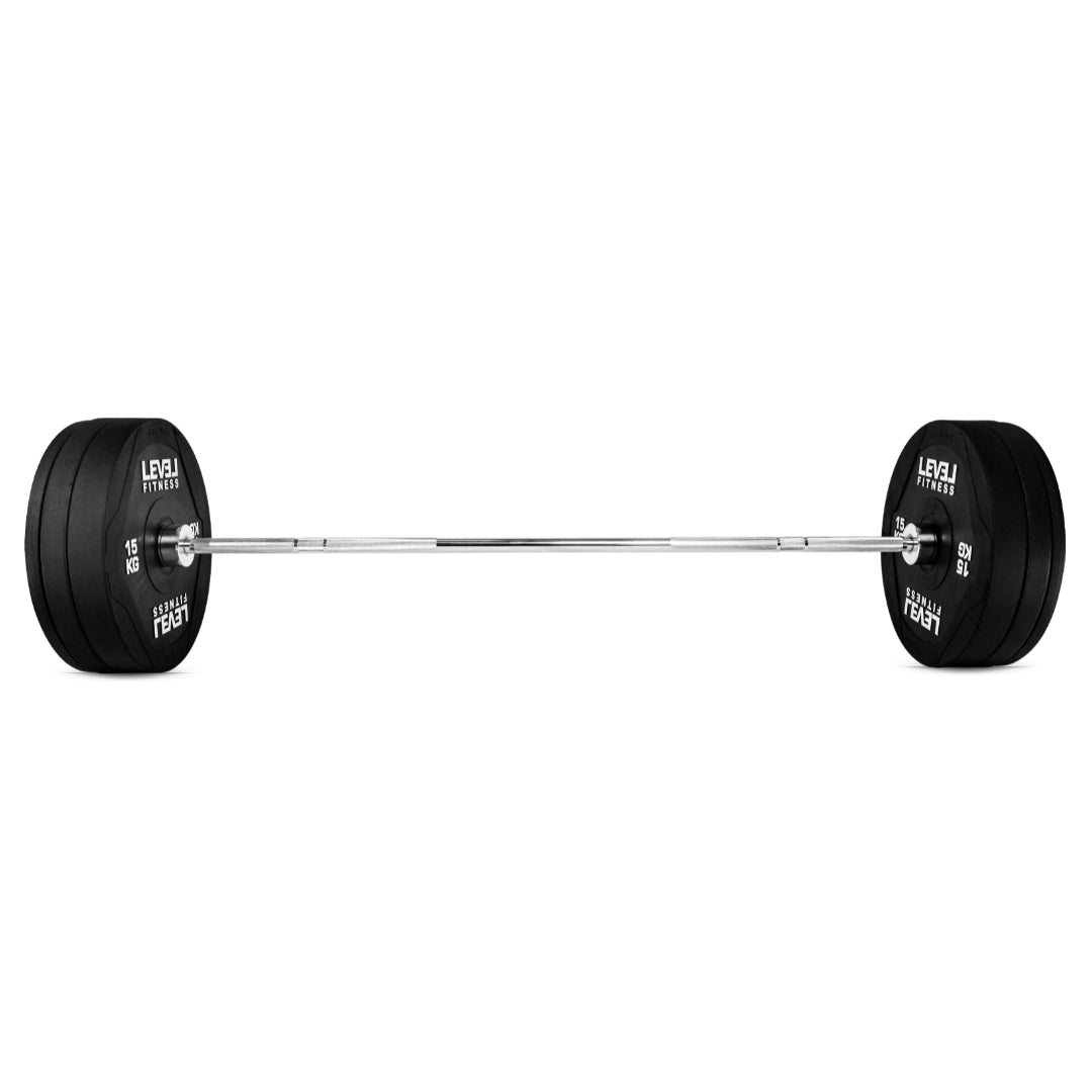 Combo | Level Fitness 7 ft Olympic Barbell with PU Black Olympic Plates Set | 60 Kg Set