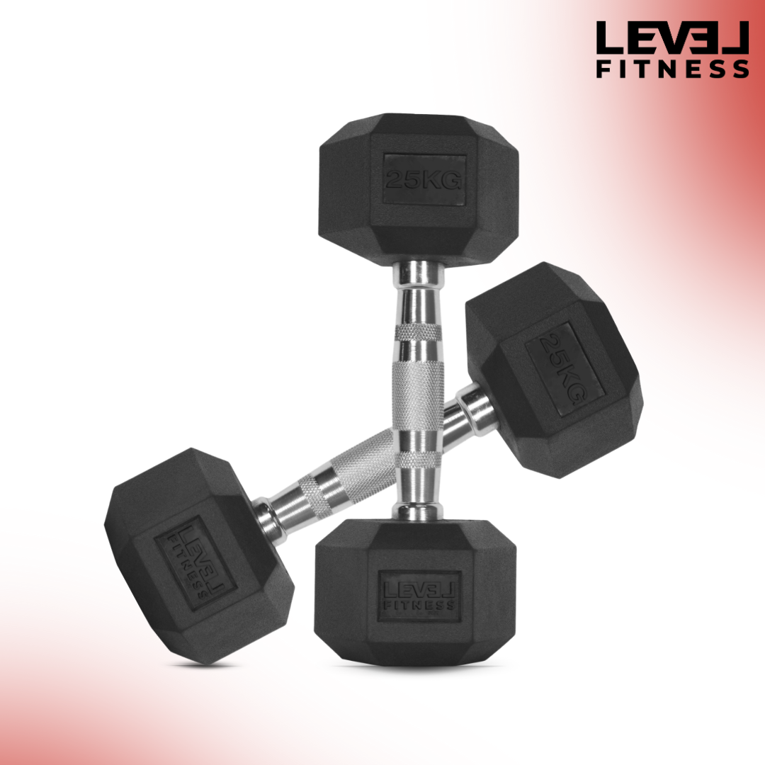 Level Fitness 1Kg -25Kg Rubber Hex Dumbbells in Kilogram | Sold In Pairs (2 pcs) | Tough & Durable | Chrome Plated Economical Handle