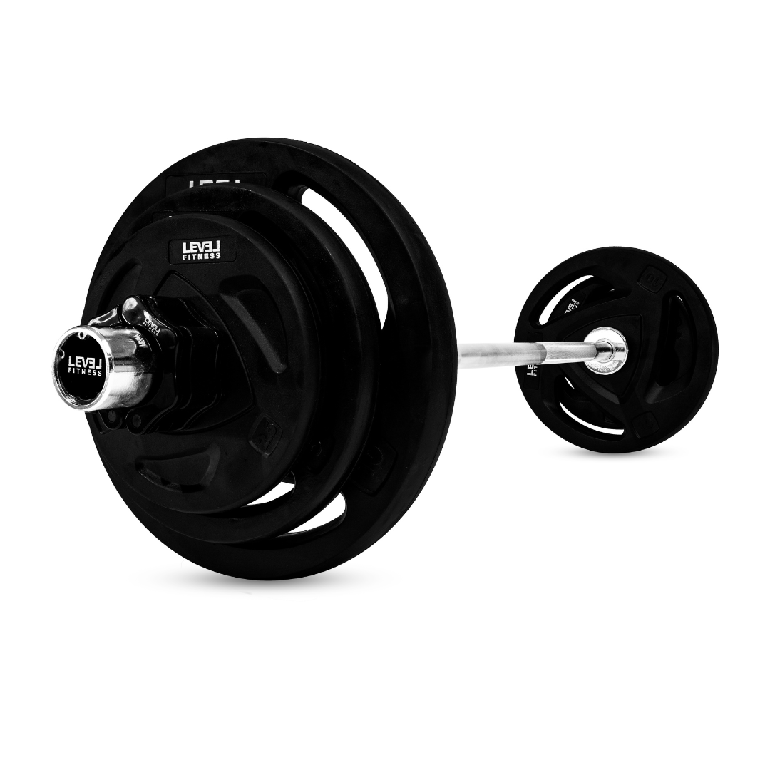 Combo | Level Fitness 7 ft Olympic Barbell with Tri Grip Olympic Plates Set | 160 Kg Set