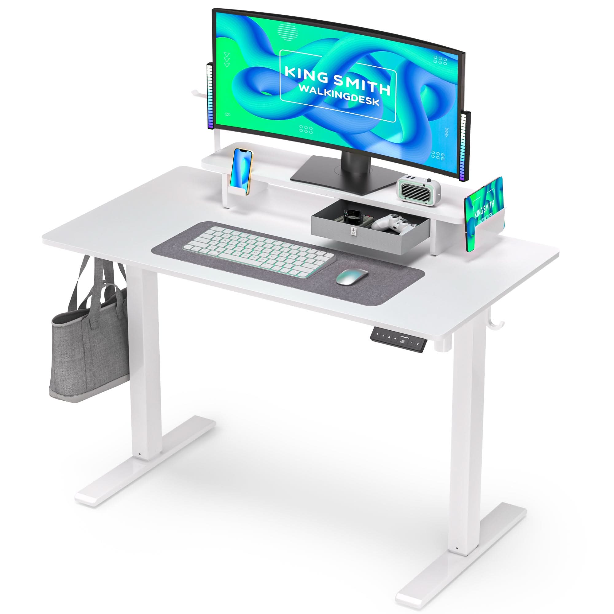 Kingsmith ETSFI21 Smart Adjustable Electric Standing Desk with Drawer and Monitor Stand White