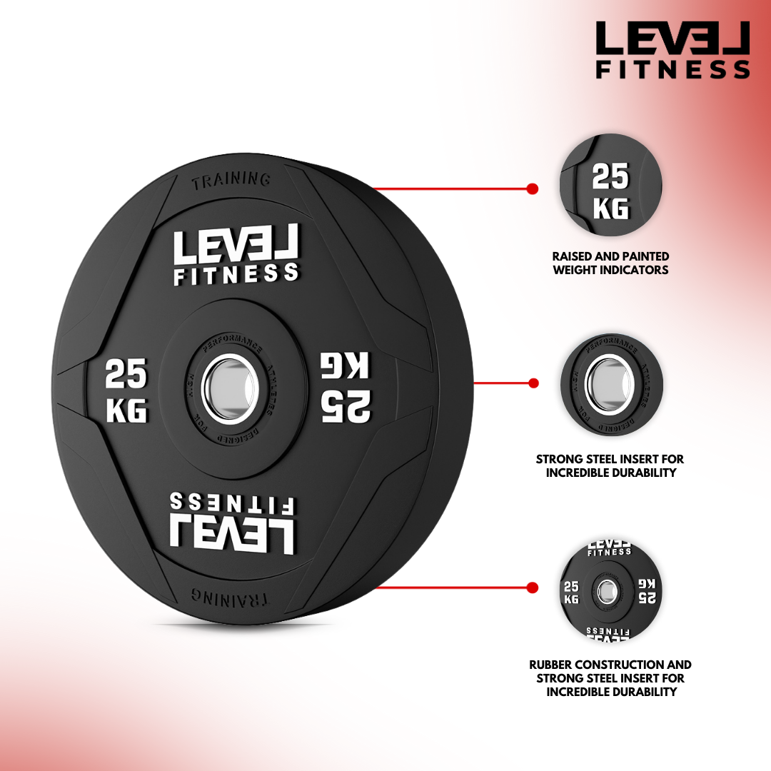 Level Fitness PU Black Rubber Olympic Bumper Plates - 5 to 25 KG | Per Piece