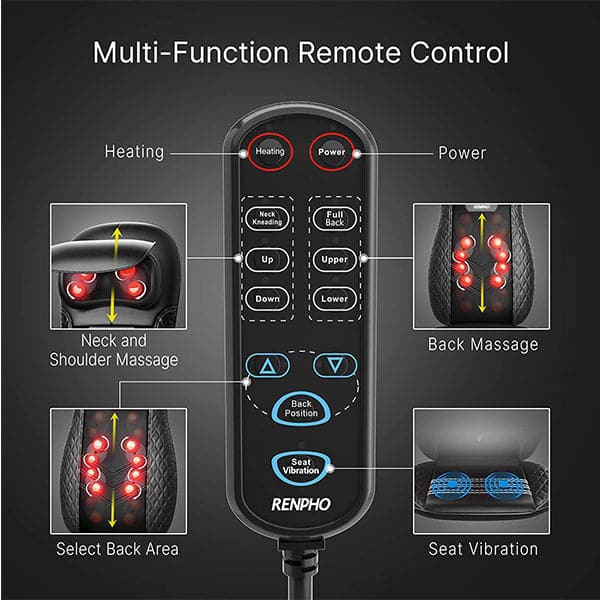 Renpho Massage Cushion, Back Massager for Chair, Shiatsu Chair Massager with Heat for Neck, Back, Shoulders, Height Adjustable, Use at Home & Office