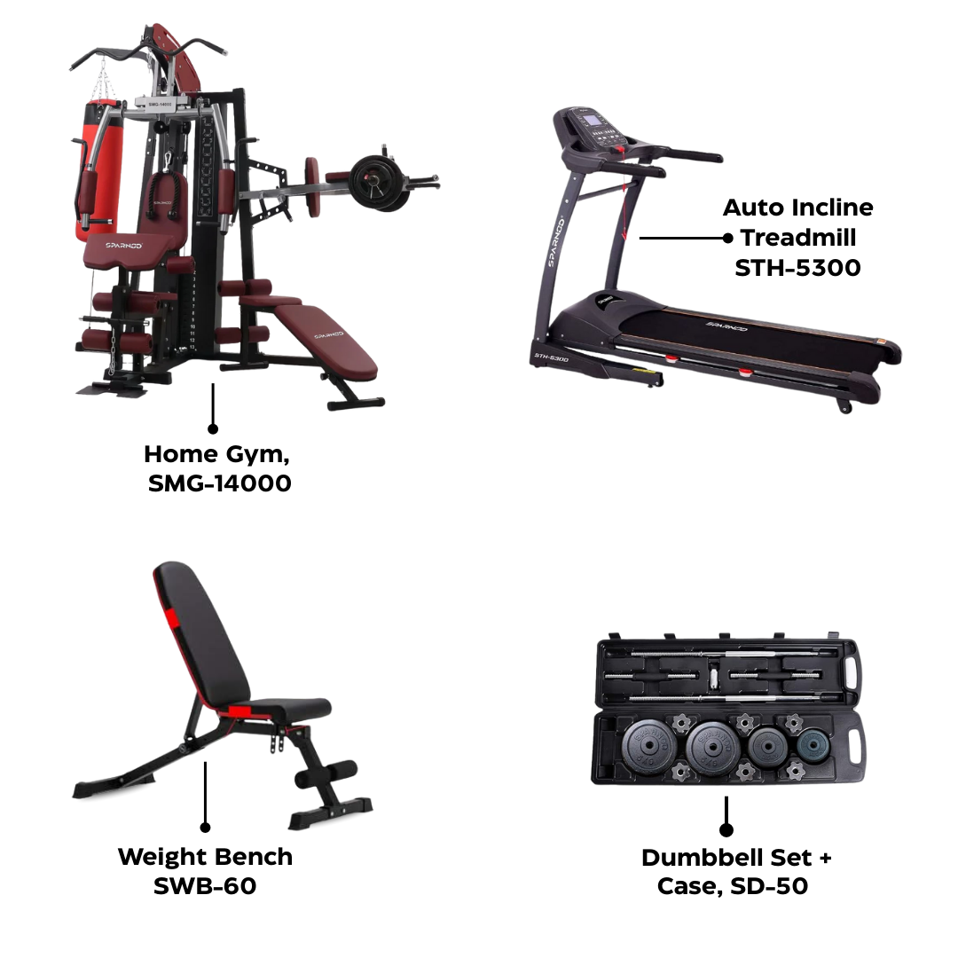 Combo | Home Gym | Sparnod Fitness 3 Station Gym with Bench, Treadmill & Dumbbell Set