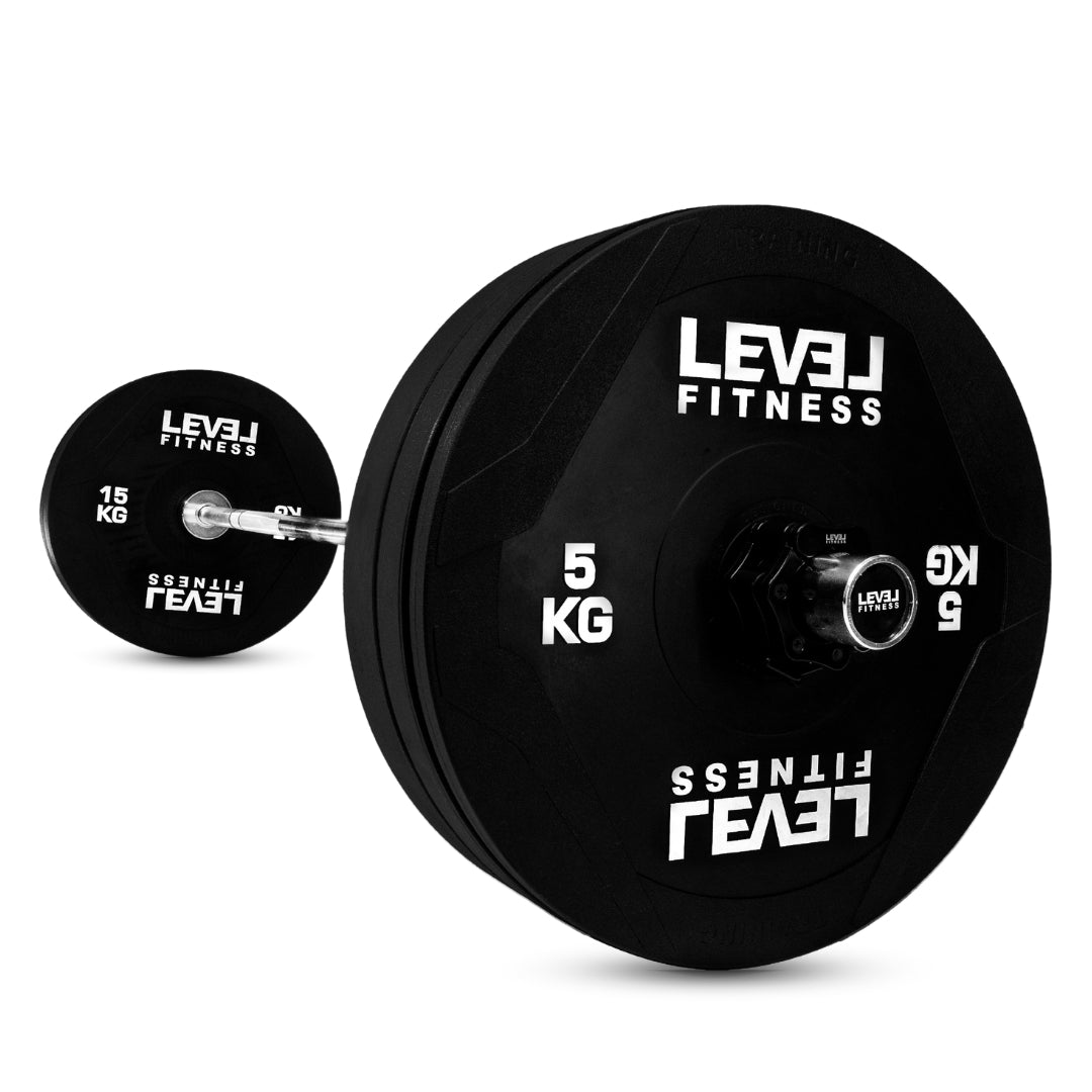 Combo | Level Fitness 7 ft Olympic Barbell with PU Black Olympic Plates Set | 60 Kg Set