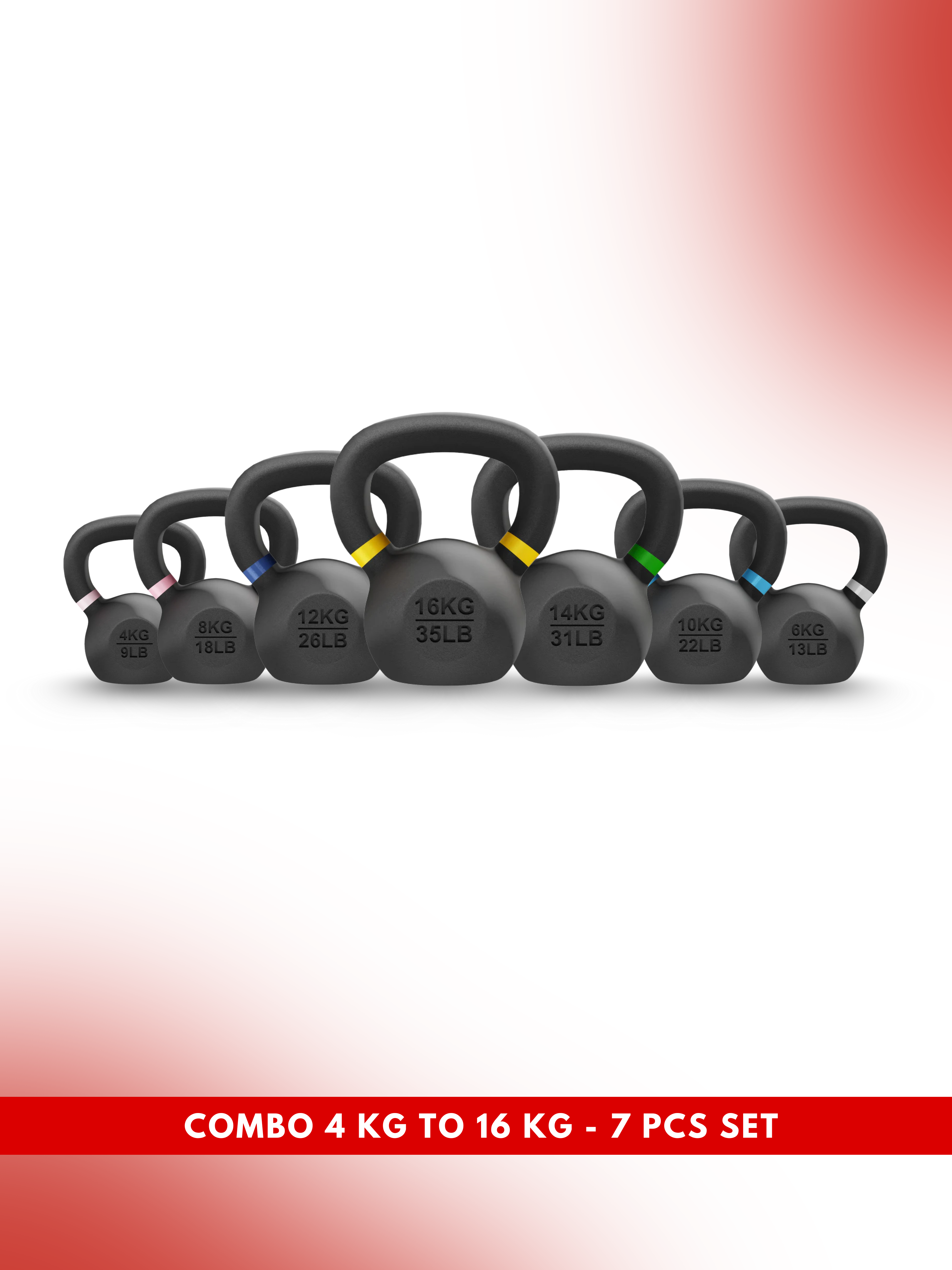 Combo Level Fitness Powder Coated Kettlebell - 4 Kg to 16 Kg - 7 Pcs Set