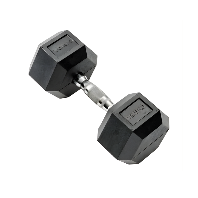 York, Commercial Rubber Hex Dumbbell, 35005, Black 12.5 Kg