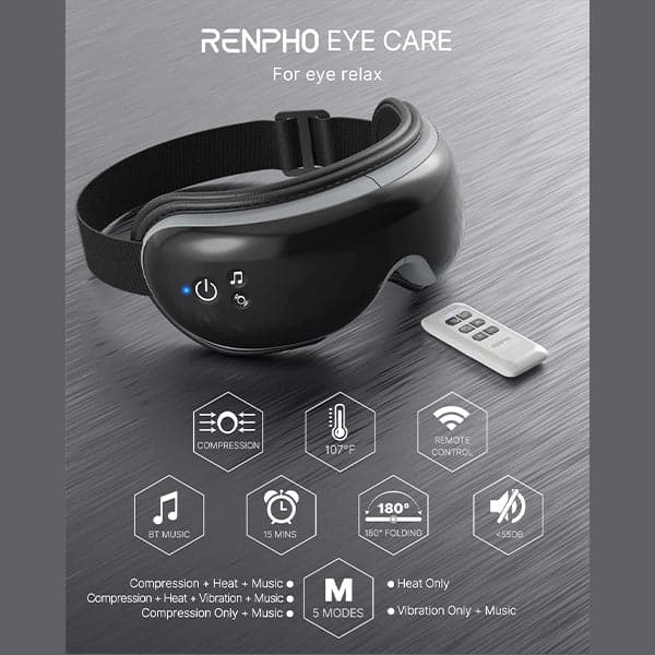 Renpho Eye Massager with Heat & Bluetooth Music, Rechargeable Eye Care Machine with 5 Modes With Remote, Black