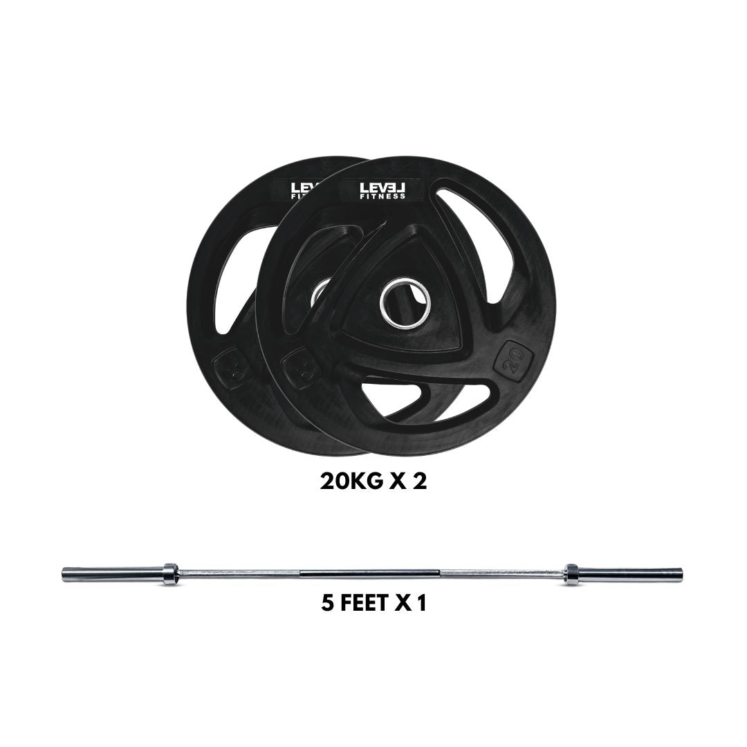 Level Fitness 5 ft Power Starter Set | 50 Kg Weight Plate Combo