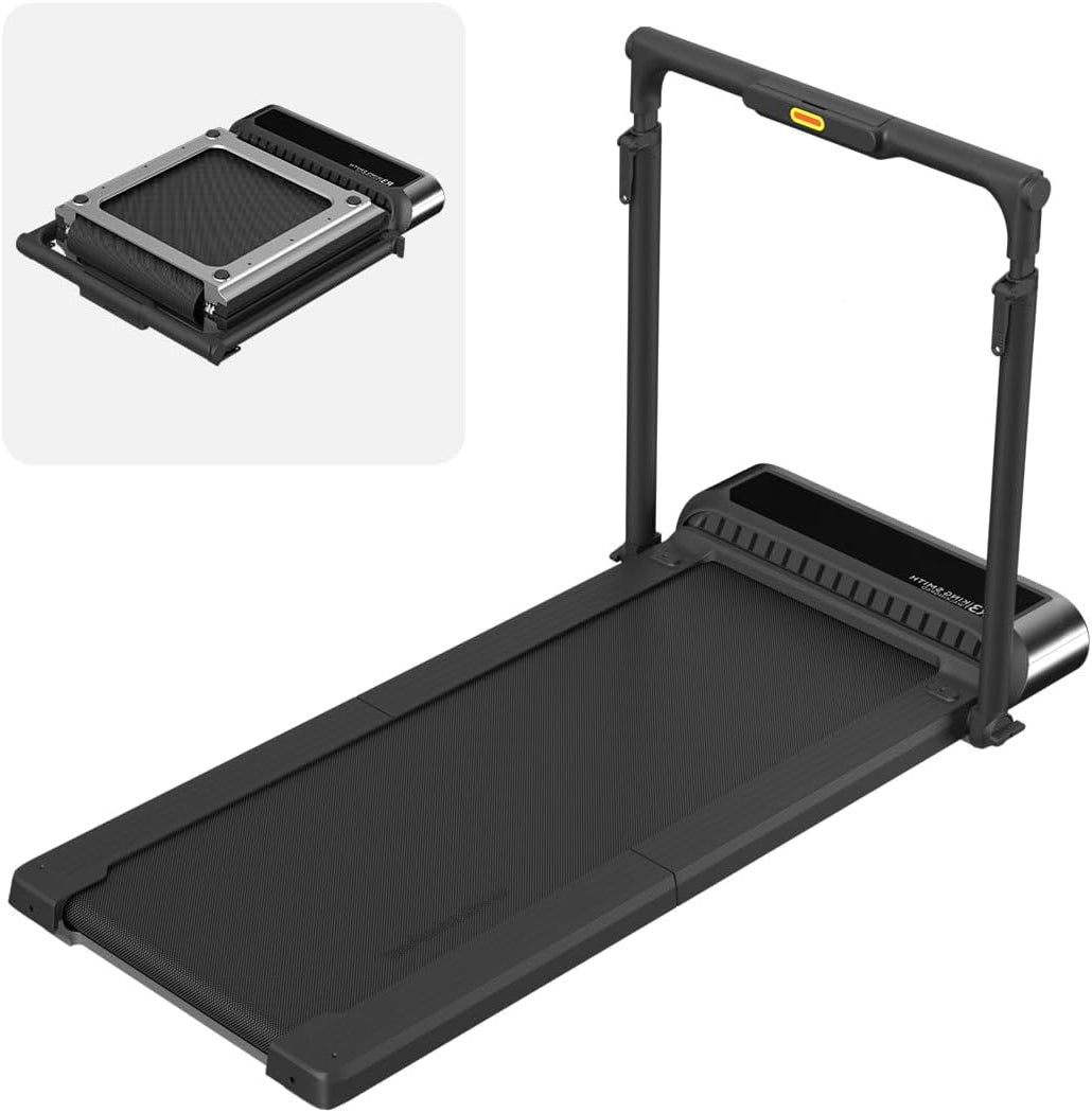 Black treadmill with handlebar on a white background