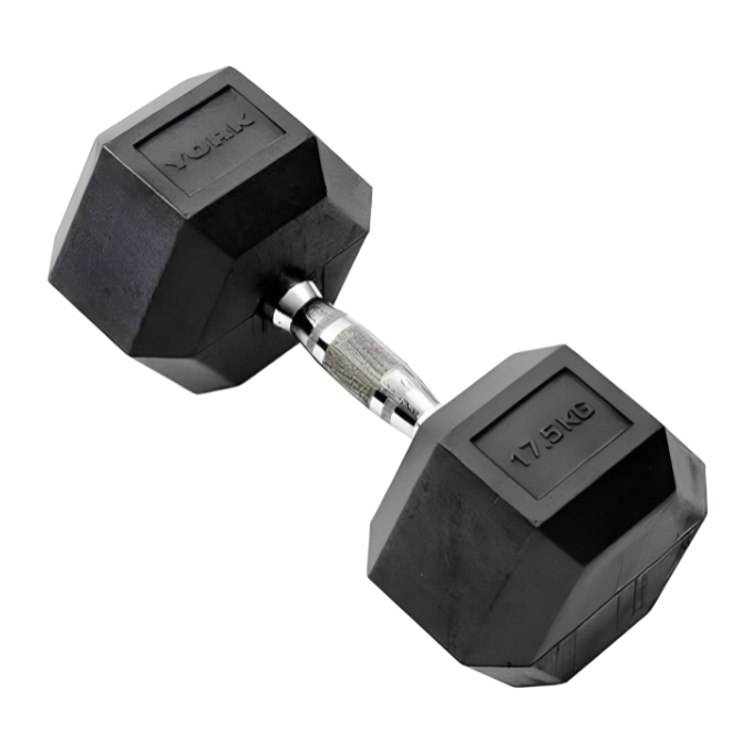 York, Commercial Rubber Hex Dumbbell, 35005, Black 17.5 Kg