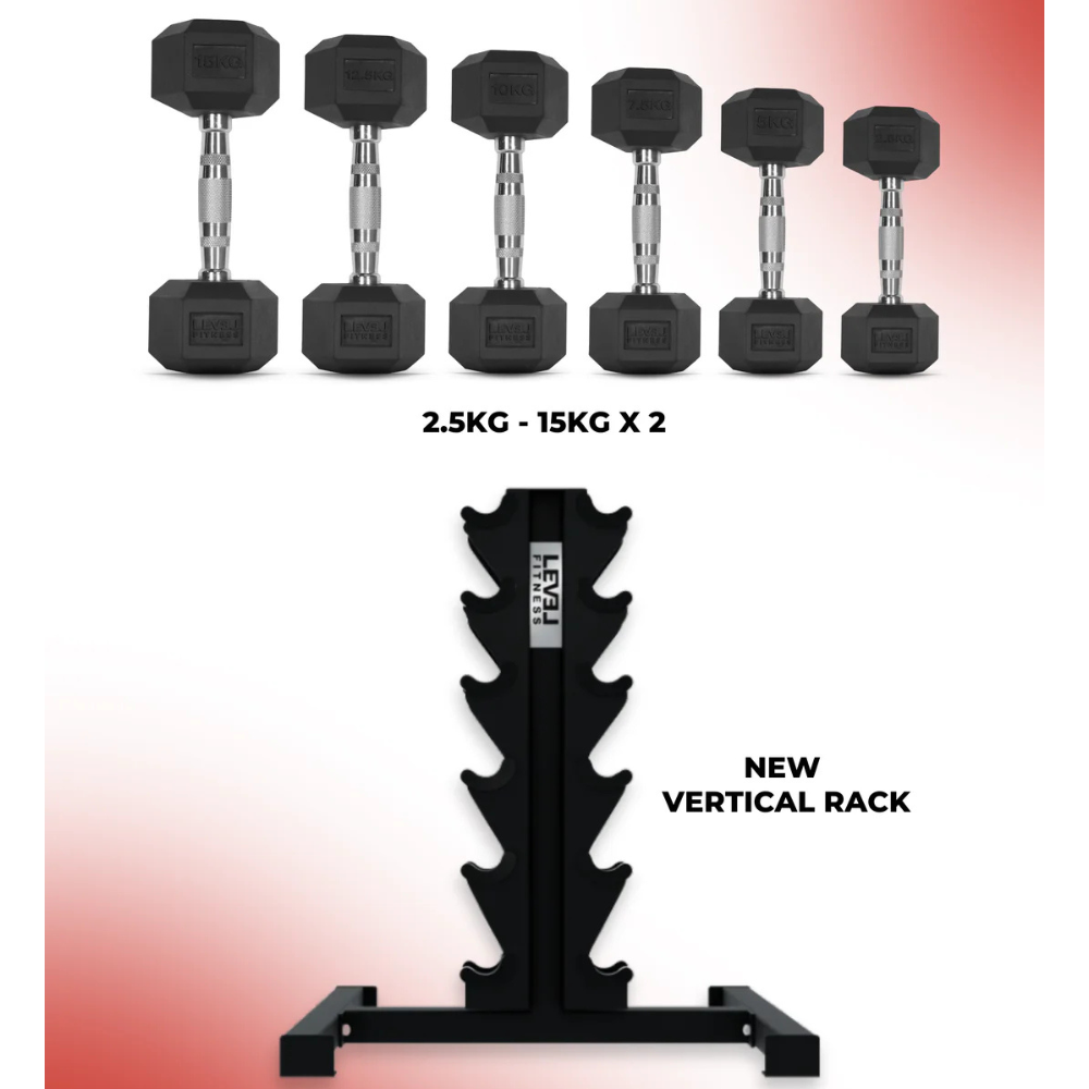 Level Fitness Dumbbells Set 2.5 to 15 Kg with 6 pair Vertical Dumbbell Rack Strength Training Equipment with Adjustable Bench for Bench Press (Optional) | Combo