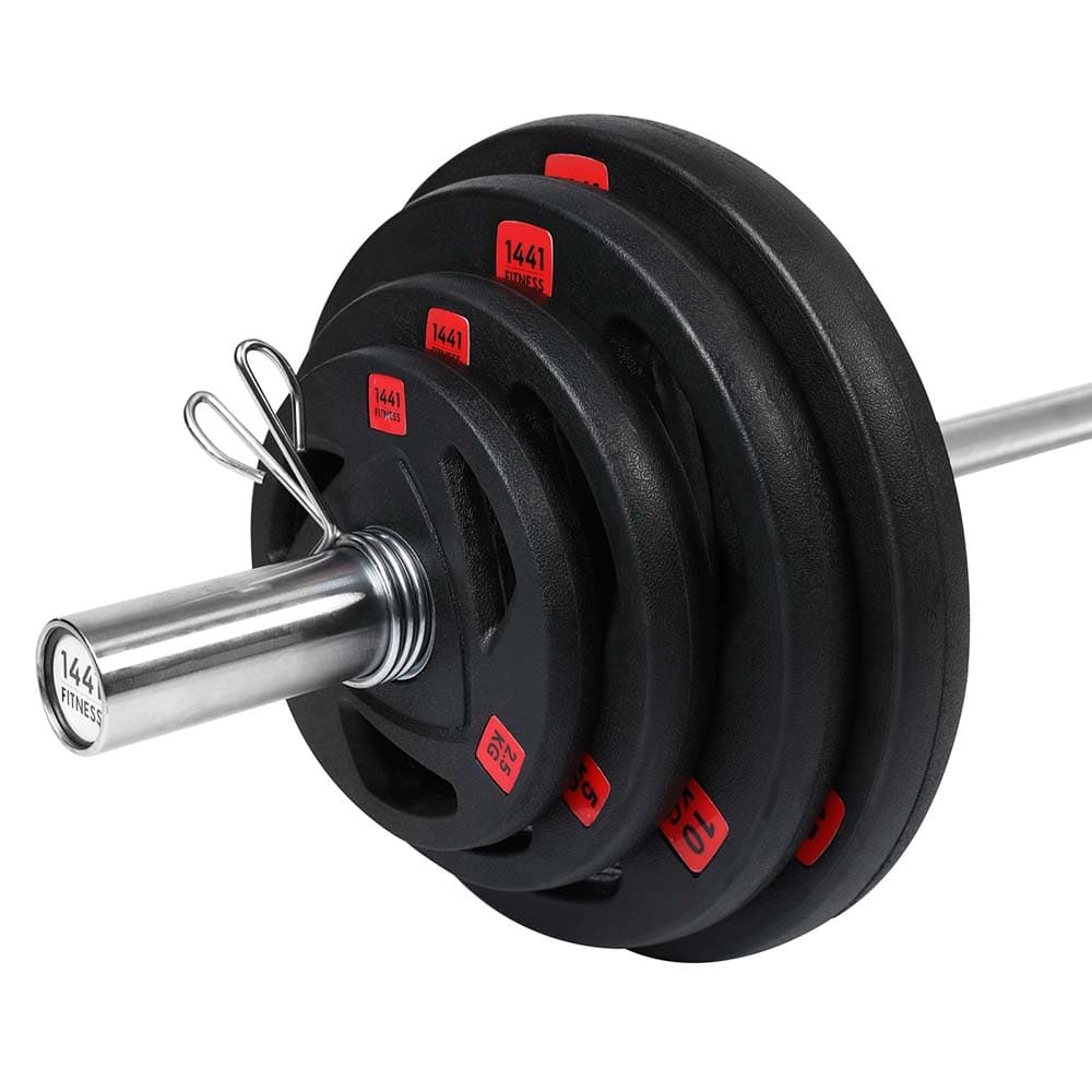 Combo 1441 Fitness 6 ft Olympic Barbell with Black Olympic Plates set | 60 Kg Set - Athletix.ae