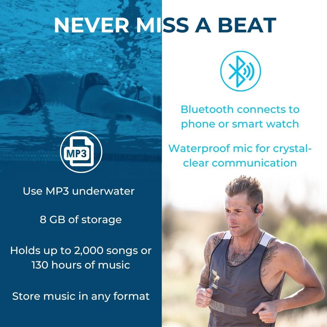 H2O TRI 2 Multi-Sport Waterproof Bone Conduction Open Ear Headphones – Bluetooth-V5.3 for Running/Cycling, MP3 for Swimming- Playlist+ (App Included for Bluetooth Streaming Uploads)