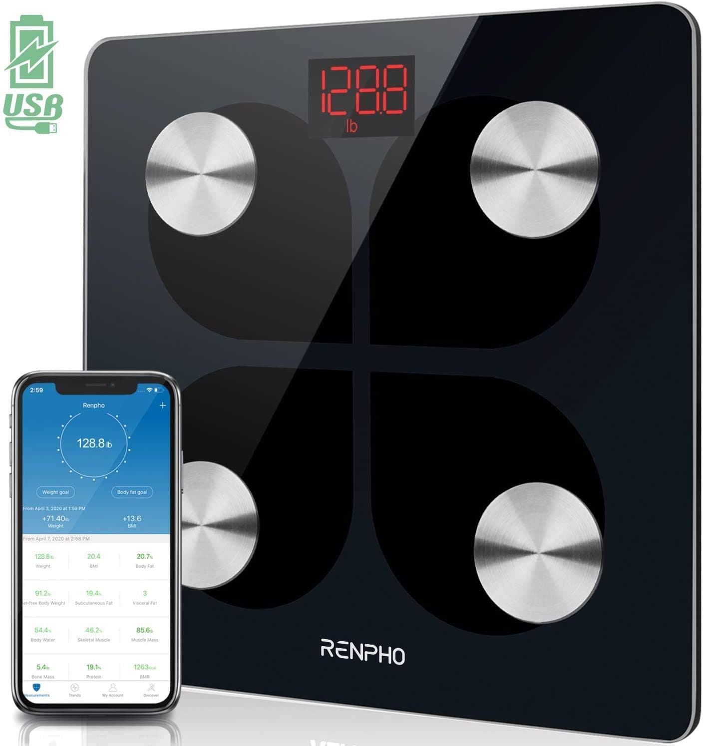Renpho Bluetooth Body Fat Smart Scale Elis USB Rechargeable Digital with Smartphone App