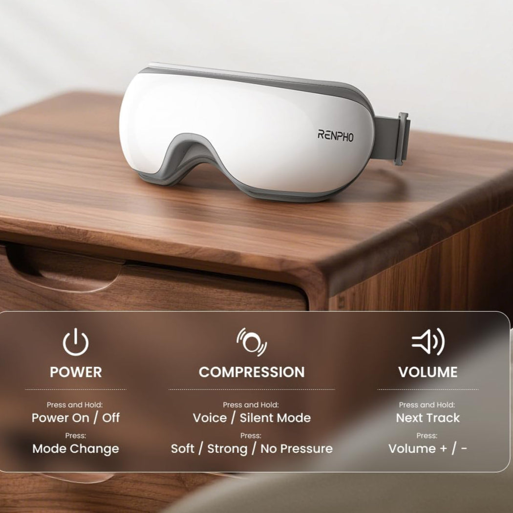 Renpho Eye Massager with Heat & Bluetooth Music, Rechargeable Eye Care Machine with 5 Modes With Remote, White