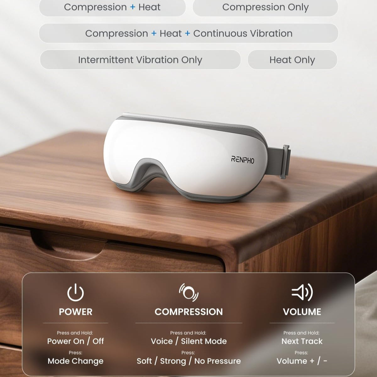 Renpho Eye Massager with Heat & Bluetooth Music, Rechargeable Eye Care Machine with 5 Modes With Remote, White