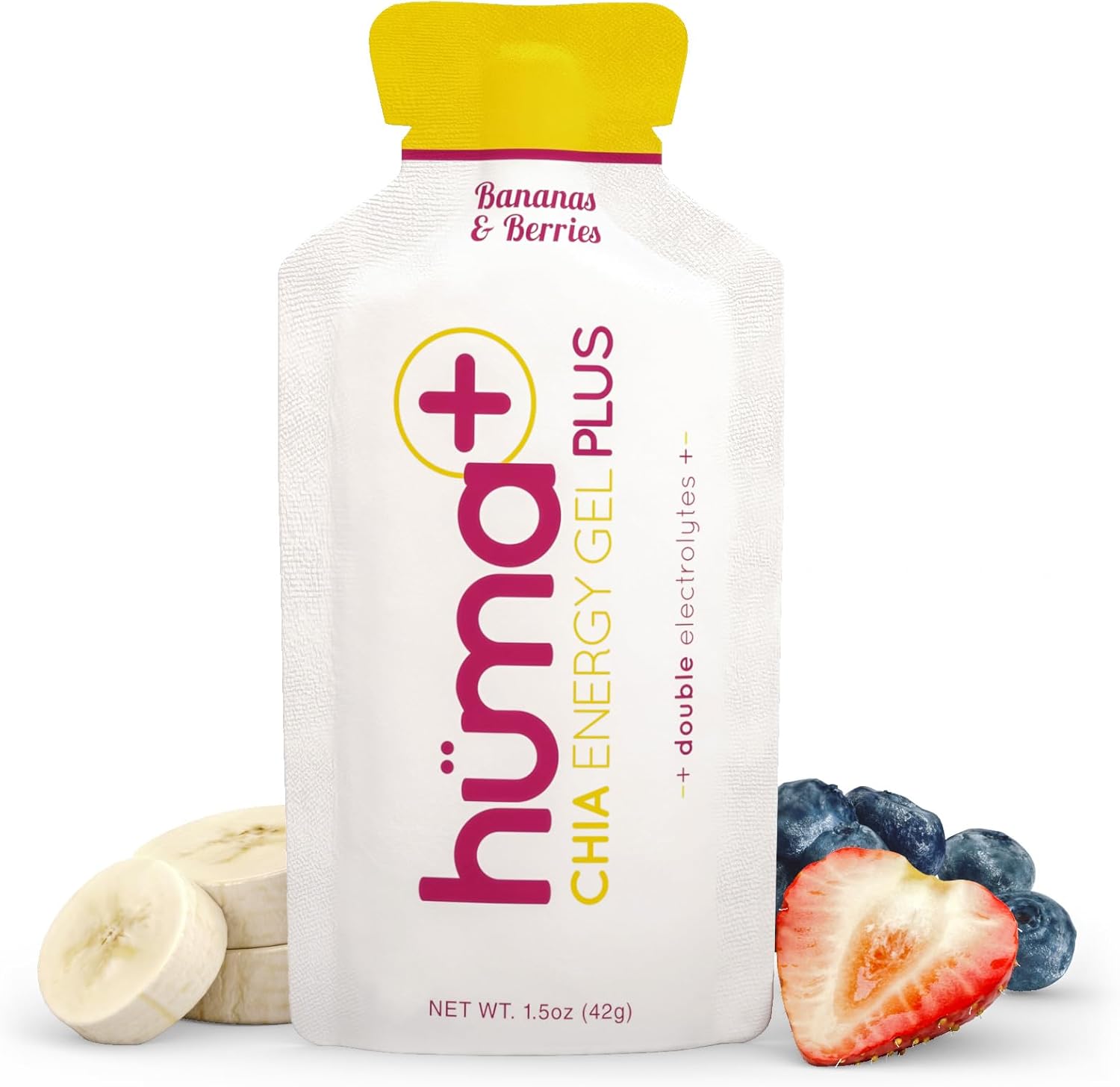 Huma Chia Energy Gel Plus - 9 count x 41g - 21gr Carbs, 240mg Sodium, 2x Electrolytes, 100% All Natural, Vegan, Gluten Free, Caffeine Free, No Stomach Problems, Easy Digestion Bananas & Berries