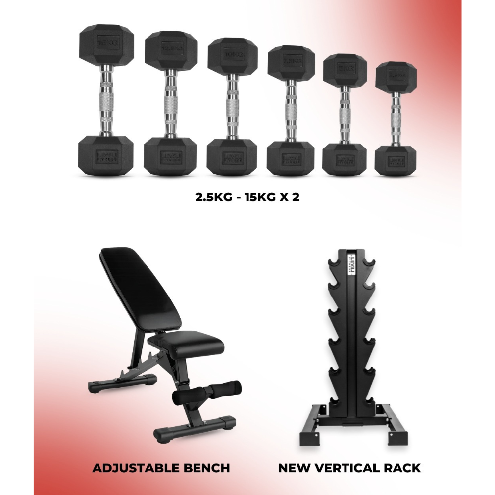 Level Fitness Dumbbells Set 2.5 to 15 Kg with 6 pair Vertical Dumbbell Rack Strength Training Equipment with Adjustable Bench for Bench Press (Optional) | Combo New Vertical Rack With Adjustable Bench