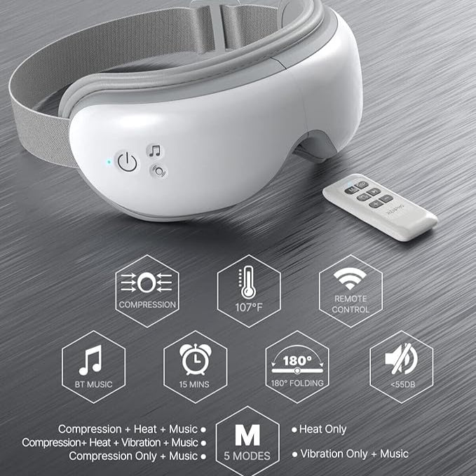 Renpho Eye Massager with Heat & Bluetooth Music, Rechargeable Eye Care Machine with 5 Modes With Remote, White