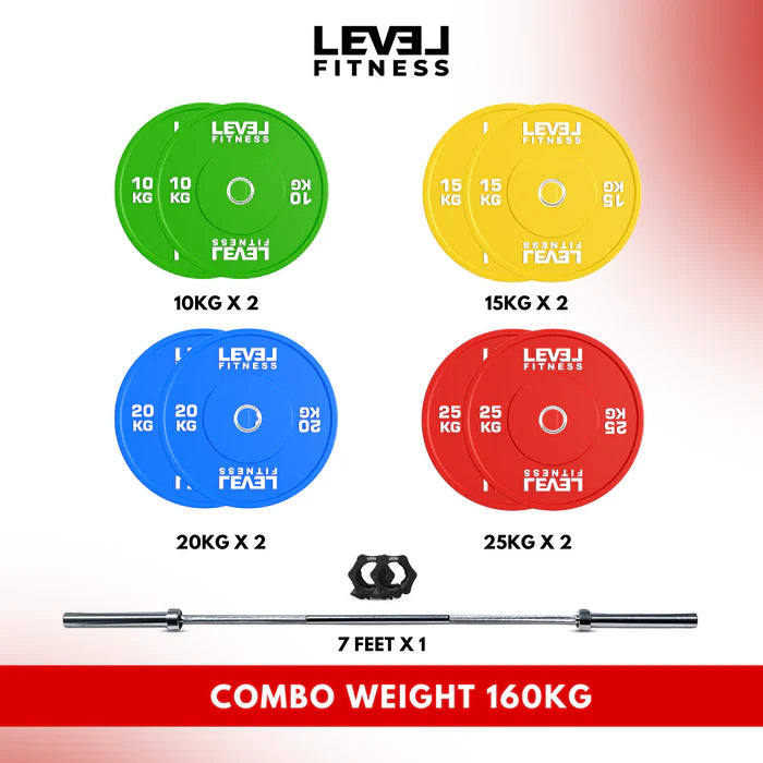 Combo 60Kg - 160Kg Sets | Level Fitness Color Olympic Plates with 7 ft Olympic Barbell