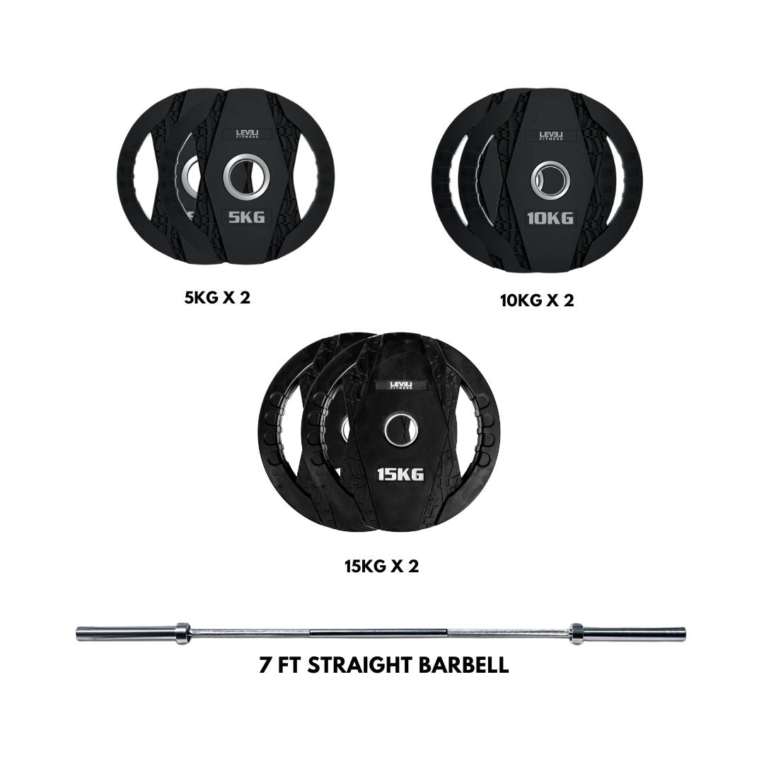 Level Fitness Dual-Grip Olympic Plate & Barbell Combo | 80Kg