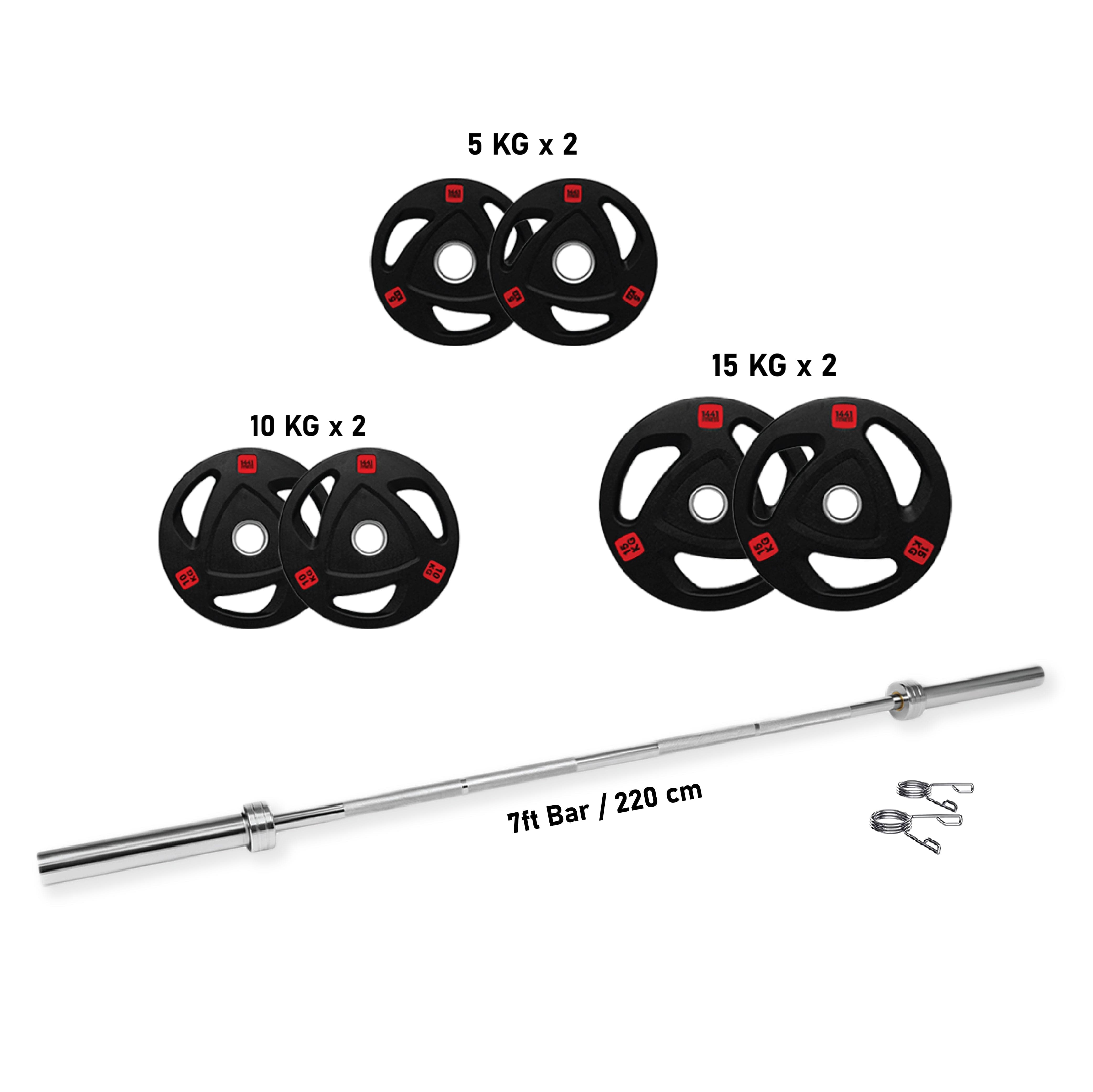 Combo 1441 Fitness 7 Ft Olympic Bar With Tri Grip Black Olympic Plates Set | 80 Kg - Athletix.ae