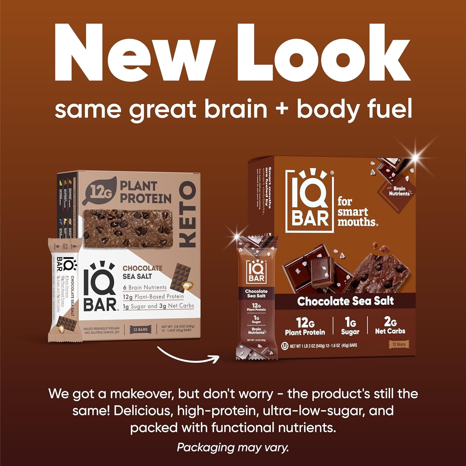 IQBAR Brain and Body Keto Protein Bars - Chocolate Sea Salt Keto Bars - 12-Count Energy Bars - Low Carb Protein Bars - High Fiber Vegan Bars and Low Sugar Meal Replacement Bars - Vegan Snacks - Athletix.ae