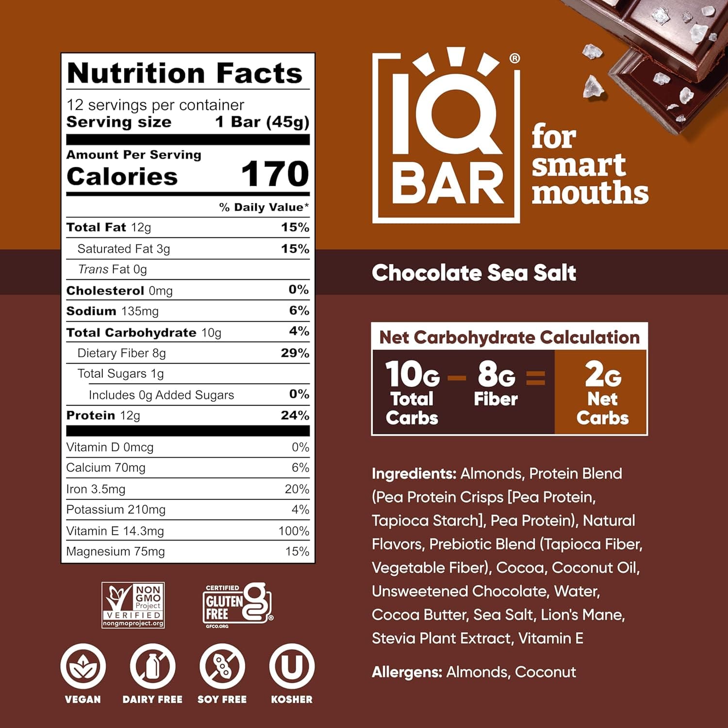 IQBAR Brain and Body Keto Protein Bars - Chocolate Sea Salt Keto Bars - 12-Count Energy Bars - Low Carb Protein Bars - High Fiber Vegan Bars and Low Sugar Meal Replacement Bars - Vegan Snacks - Athletix.ae