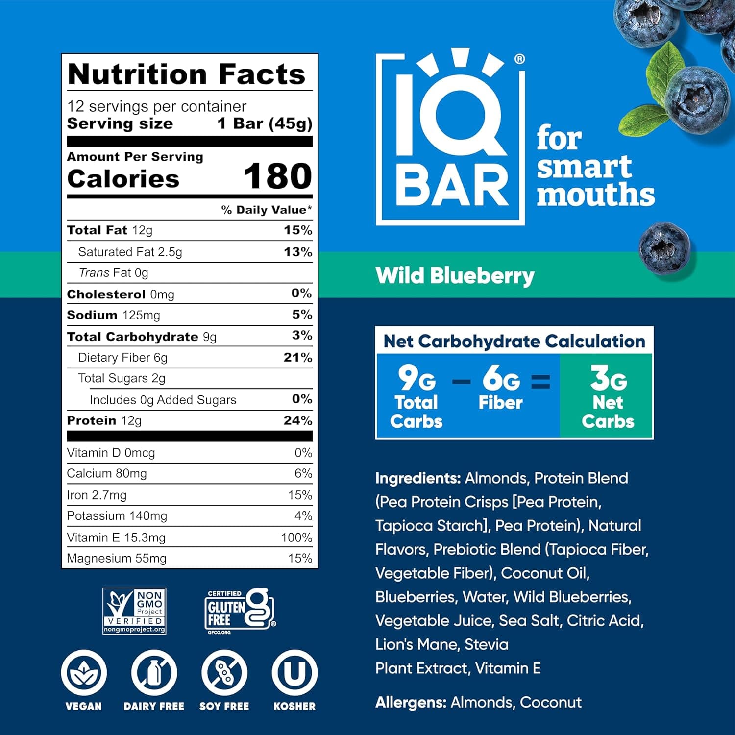 IQ BAR Brain + Body Bars, Wild Blueberry | Keto, Paleo-Friendly, Vegan | 11g Protein, 1g Sugar, 4g Net Carbs | Non-GMO, Gluten-Free, No Sugar Alcohols | 12-Count - Athletix.ae