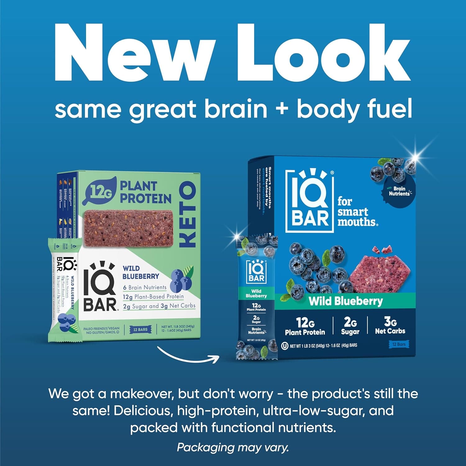 IQ BAR Brain + Body Bars, Wild Blueberry | Keto, Paleo-Friendly, Vegan | 11g Protein, 1g Sugar, 4g Net Carbs | Non-GMO, Gluten-Free, No Sugar Alcohols | 12-Count - Athletix.ae