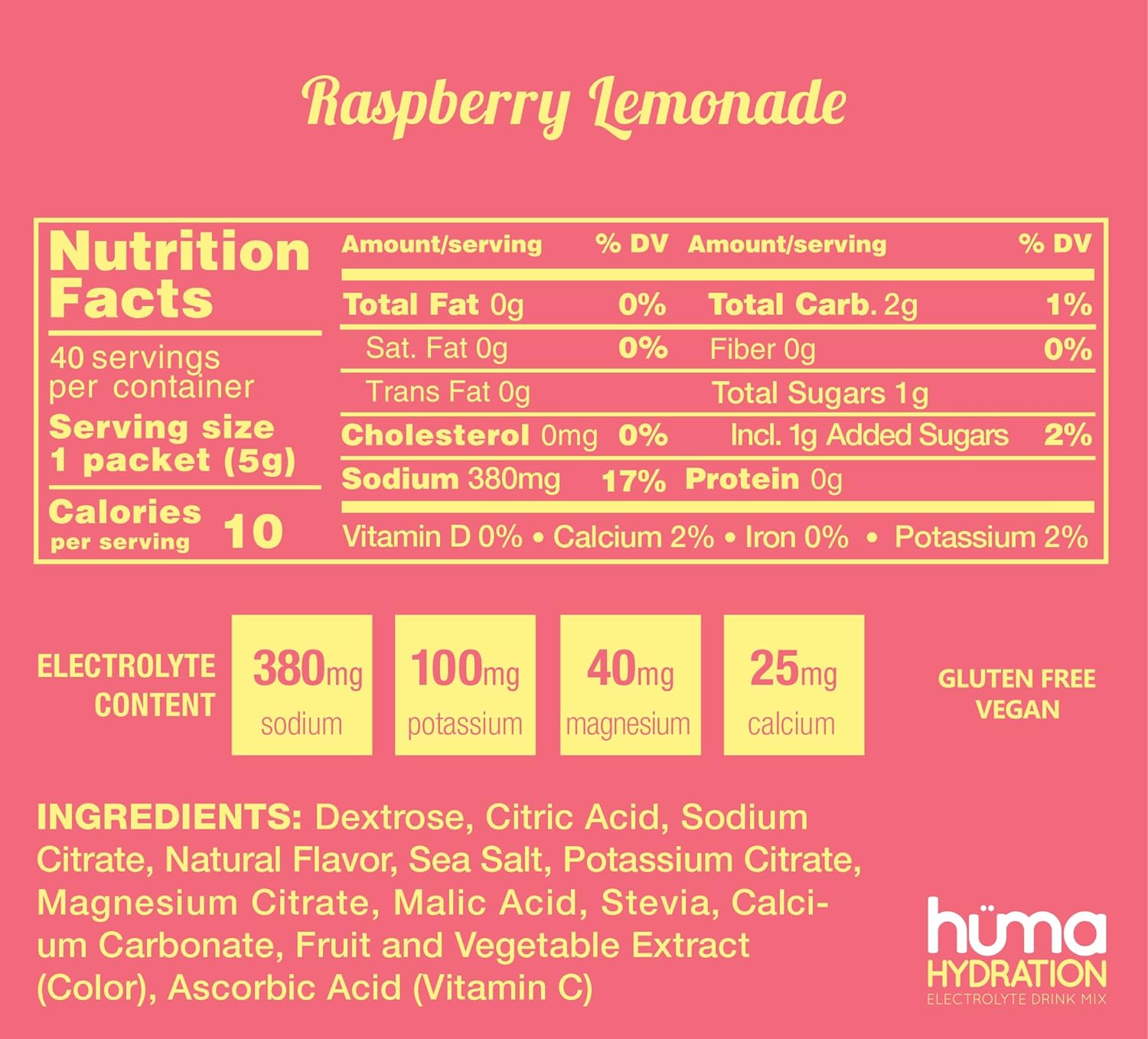 Huma Hydration Drink Mix, Raspberry Lemonade 200g - Low Calorie, High Electrolyte Powder - 100% Natural, 1g Sugar, 10 Cal