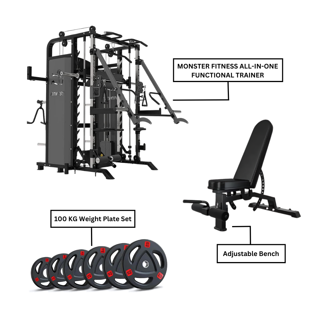 Combo | All in One Monster Functional Trainer with 100 KG Weight Plate Set & Adjustable Bench