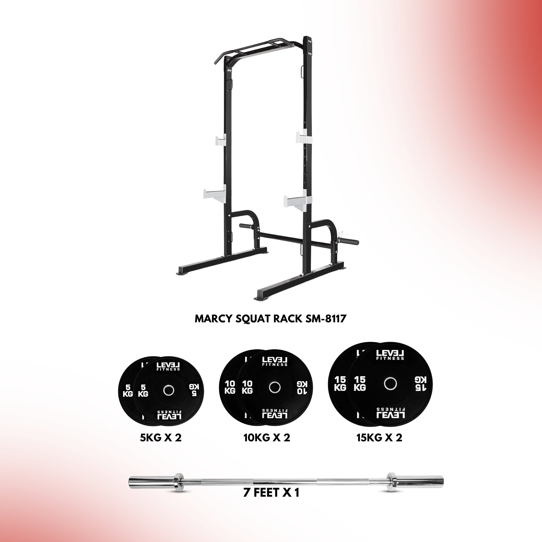 Combo | Marcy Squat Rack SM-8117 with 7 ft Bar & 80 Kg Plates Set Black PU Bumper Plate (80 KG)