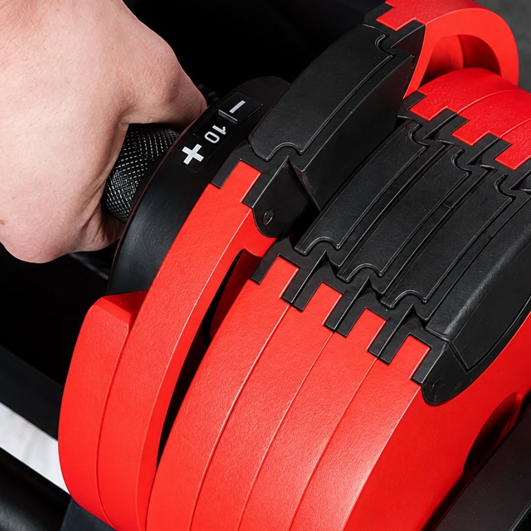 Leom Fitness Adjustable Dumbbells, 2kg to 32kg, Pair (Red)