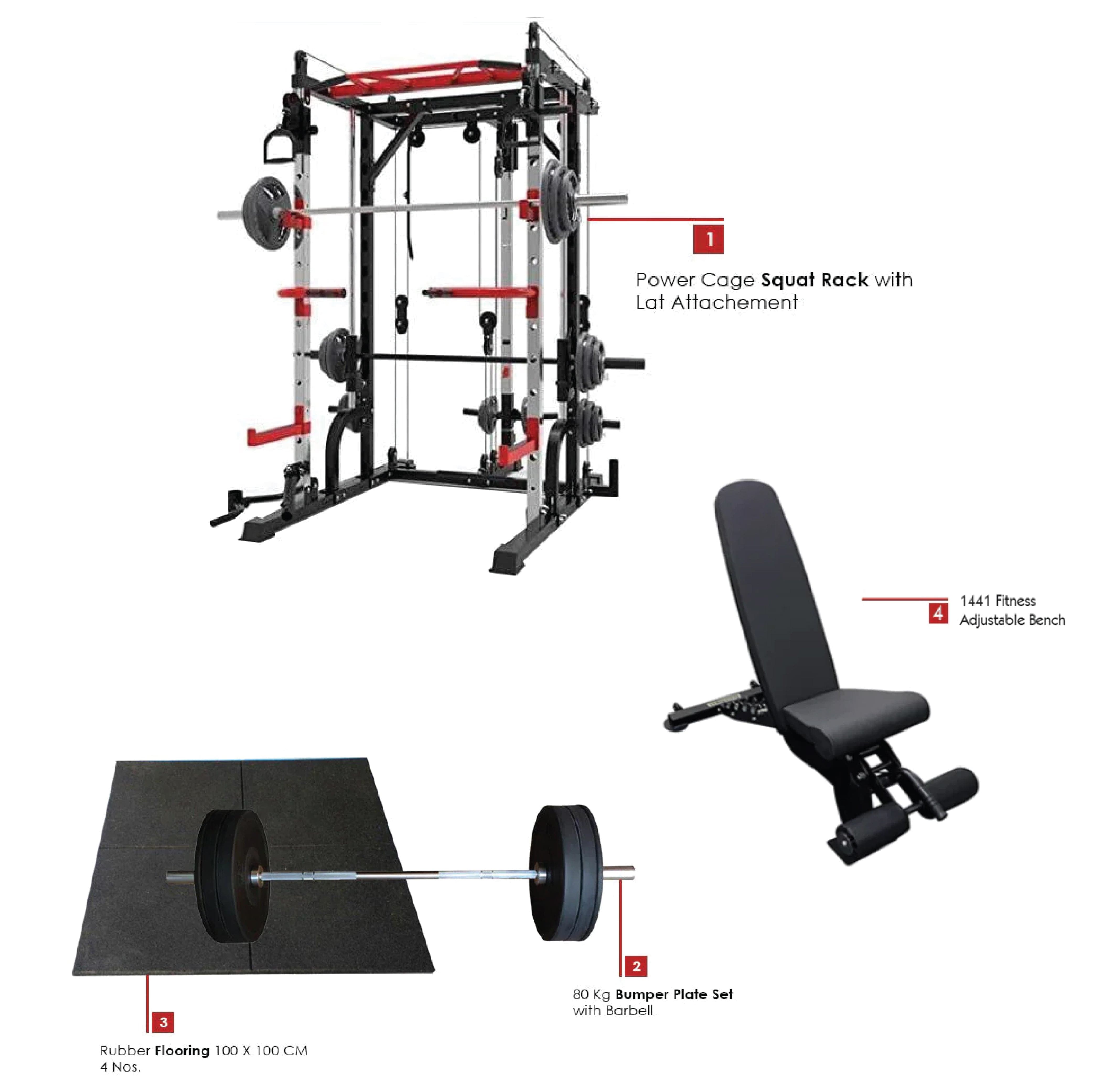Combo Deal | 1441 Fitness Smith Machine With Functional Trainer And Squat Rack J009 + 80kg Apus Bumper Plates + Adjustable Bench A8007 + 15 MM Flooring - Athletix.ae