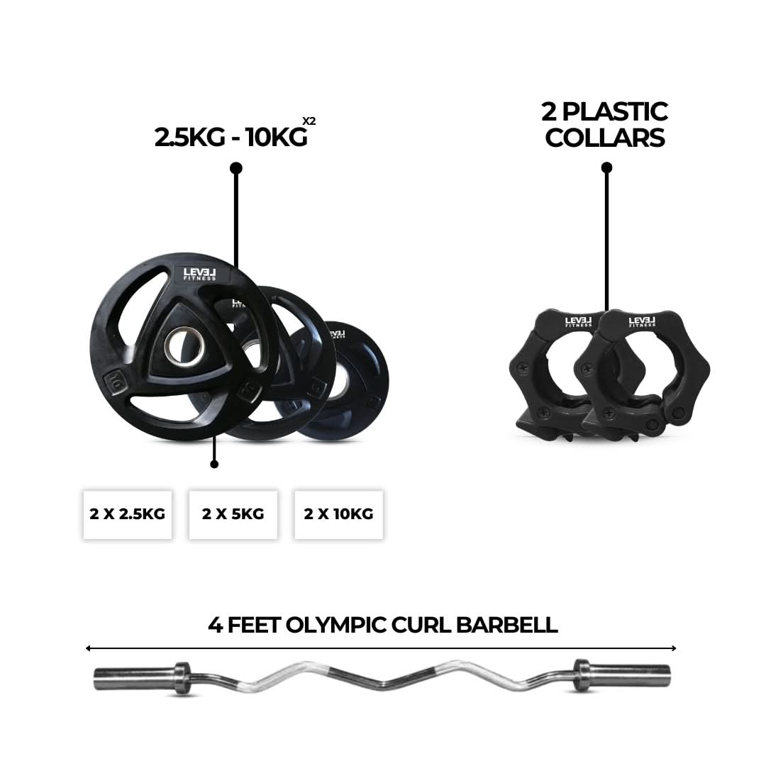 Combo 42 kg Body Pump Set | Level Fitness Tri Grip Plates With 4Ft Barbell
