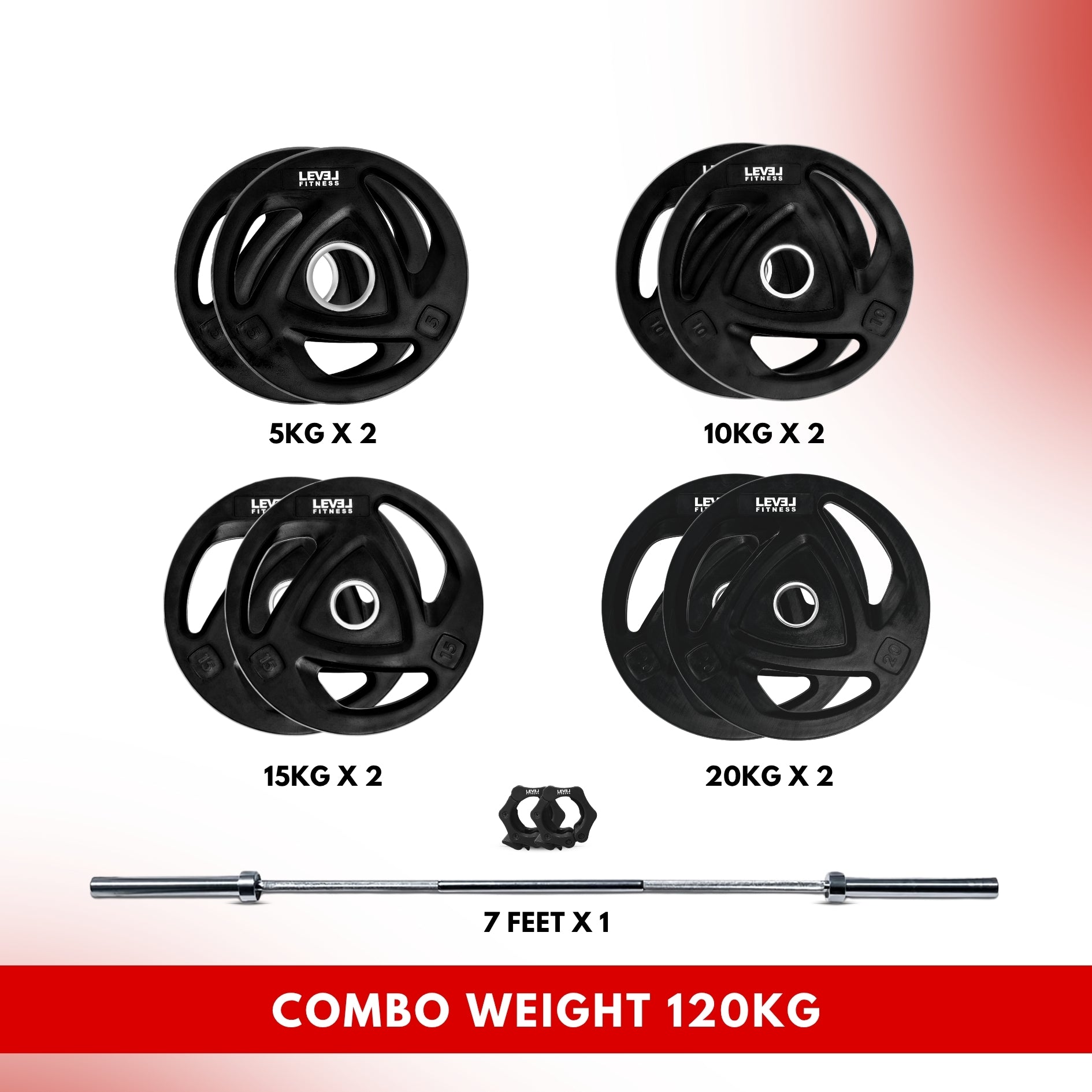 Combo 60KG - 160KG Sets | Level Fitness Tri Grip Olympic Plates with Olympic Barbell 120 KG