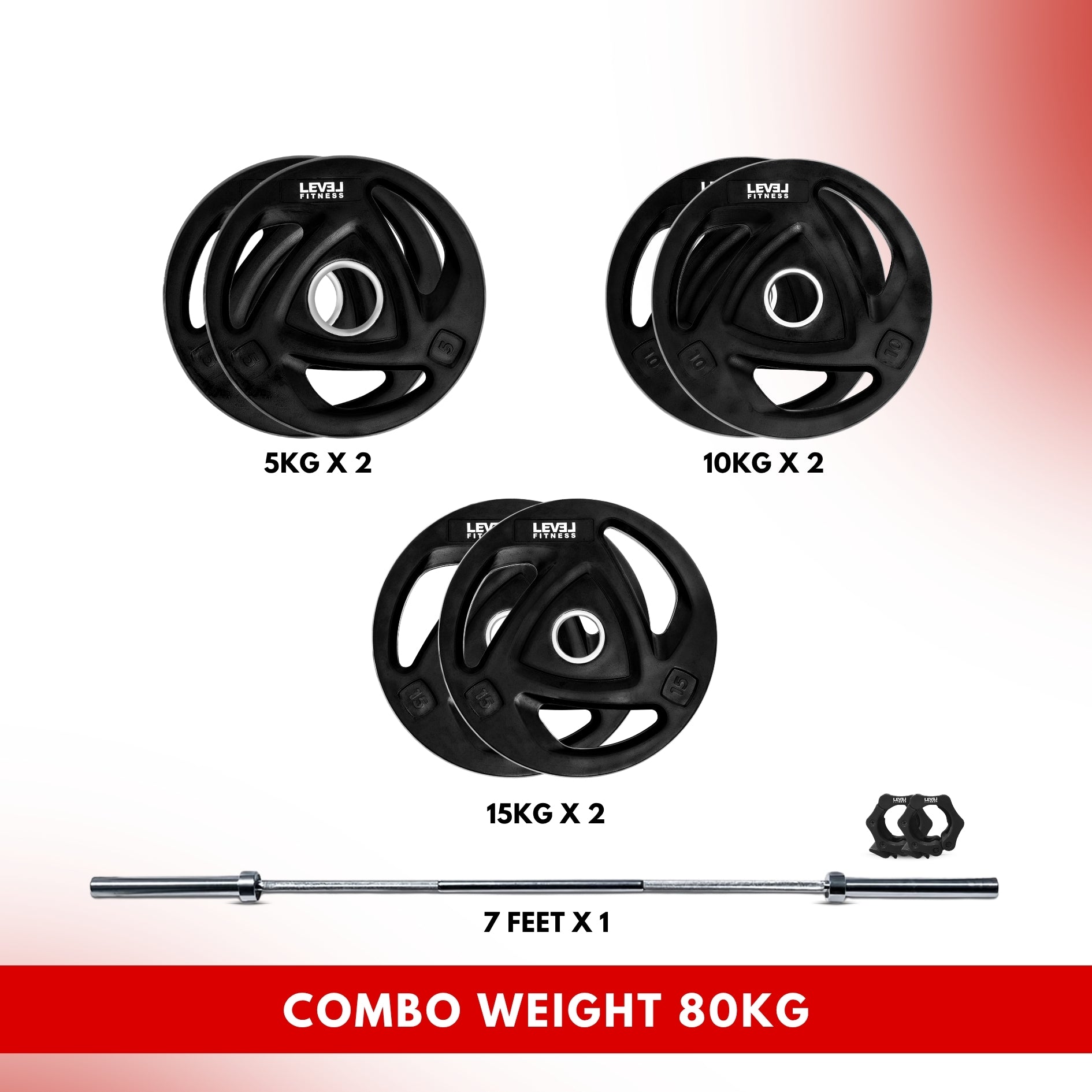 Combo 60KG - 160KG Sets | Level Fitness Tri Grip Olympic Plates with Olympic Barbell 80 KG